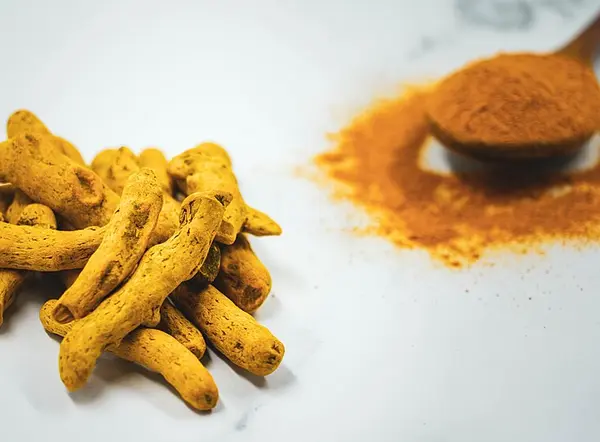 Dried turmeric roots and a spoon of turmeric powder